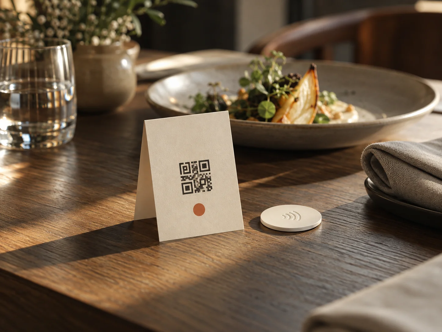 식당 테이블 위의 작은 QR 안내 카드와 원형 NFC 태그